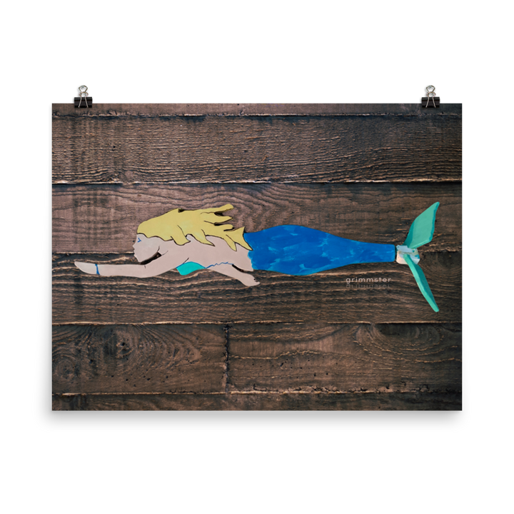 Mermaid Folk Art print on wood background - GRIMMSTER 